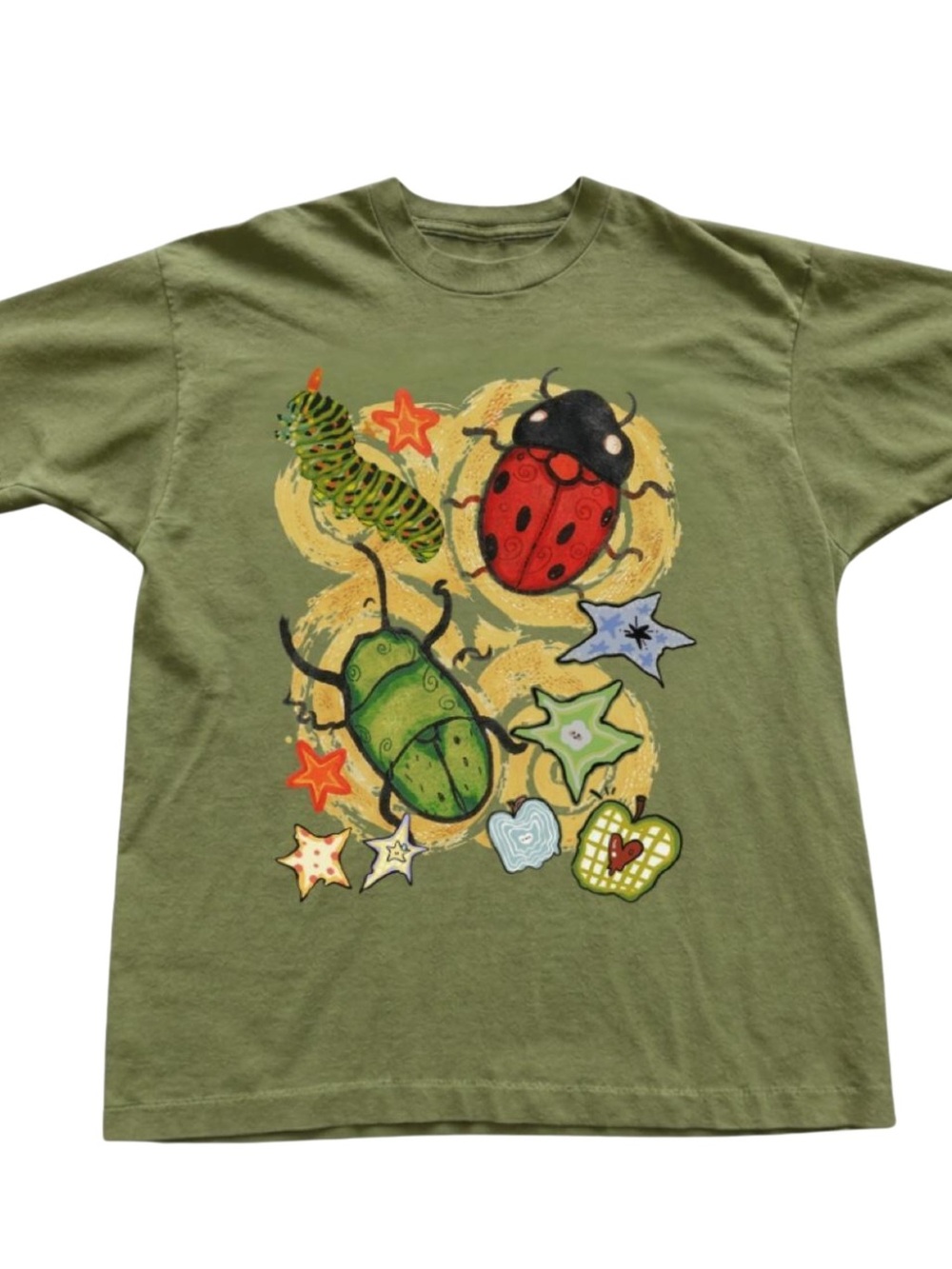 Olive Green Short Sleeve Tee with Colorful Bug Graphic